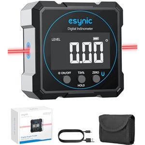 eSynic Level Box Digitale 4x90° con Laser Orizzontale, Angle Finder Magnetico Ricaricabile 2 Unità °/%, LCD Inclinometro Goniometro Preciso con Funzione di Azzeramento, Certificazioni CE/IEC60825