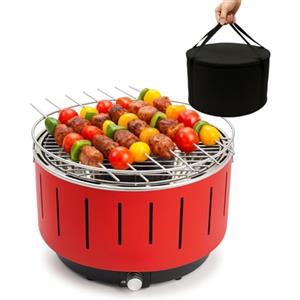 Paluplus Barbecue Rotondo Portatile a Carbonella colore Rosso, Diametro 31 cm, Grill in Acciaio Inox, Ventola Elettrica a Batteria per Cottura Senza Fumo - Inclusa Borsa per il trasporto -9563F -4,6