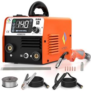 HITBOX 3 In 1 Saldatrice a Filo Continuo No Gas 140A 230V HF LED Saldatrice MIG Saldatrice Inverter con Torcia Split 2M (HBM200)