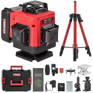 TEENO Livella Laser Verde Autolivellante 16 Linee con Treppiede, Display Digitale LCD,4 X 360 °Livello Laser Autolivellante Verde,Incluso 2 * 4800mAh Batterie,Telecomando, Base Magnetica