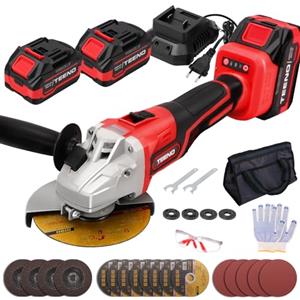 TEENO Smerigliatrice Angolare Motore Brushless con batterie 2 * 4000mAh,125mm Smerigliatrice Elettrica da 9100 giri/min,3 Velocità Variabili,21V 1000W per tagliare e lucidare metallo, legno, ecc
