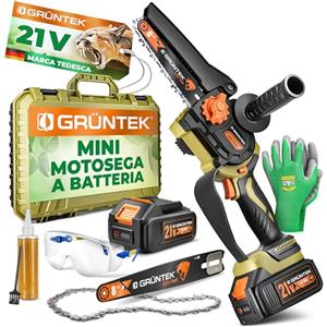 GRÜNTEK Mini Motosega a Batteria 21V Brushless - Kit Motosega Elettrica con 2 Batterie 3,0 Ah, 2 Catene, Lubrificazione Automatica, Valigetta e Accessori - Potente e Compatta per Giardino