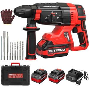 TEENO Tassellatore a Batteria 20V Senza Spazzole, 2.6J, 1500RPM, 4850BPM, SDS-Plus 3 Funzioni, 2×4.0Ah Batterie e Caricatore, Luce LED, Design Antivibrazione con Valigetta e 8 Accessori