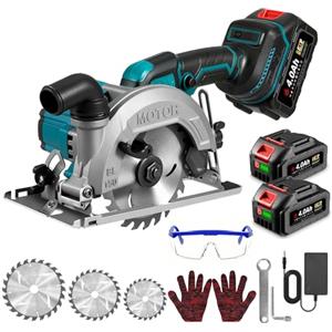 ONEVAN sega circolare a batteria, mini sega circolare senza spazzole con 2 batterie da 3000 mAh, profondità di taglio 48 mm, 0-45°, sega circolare elettrica con 3 lame (125 mm, 140 mm, 150 mm)