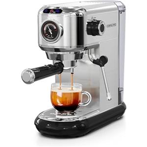 CAFELFFE MK-601 Macchina espresso 20 bar con montalatte e manometro, funzione caldo/freddo, 1450 W, macchina 2 in 1, compatibile con caffè macinato e pastiglie ESE da 44 mm