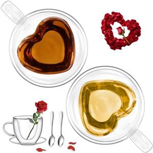 glastal 150ml Tazza da Caffè in Doppio Vetro Set di 2 Bicchieri Espresso Doppia Parete con Manico e Cucchiaio per Tè, Latte, Regalo Festa della Mamma Regalo Natale Regalo Anniversario per Coppie Lei