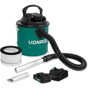 VONROC Aspiracenere a batteria, con filtro HEPA, intercambiabile e lavabile,bidone da 12 L ideale per aspirare ceneri fredde da barbecue, stufe e caminetti, incl. 2x 2.0ah batteria e caricabatteria