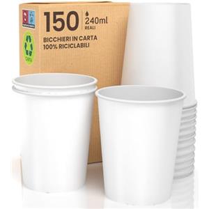 Baciato Caffè 150 Bicchieri in Carta Bianchi 240ml Ecologici Biodegradabili Monouso Asporto Bevande Calde Acqua