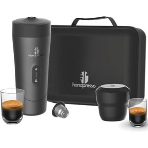 Handpresso Set auto | caffettiere da viaggio a batteria USB | capsule espresso o riutilizzabili caffè macinato | Valigetta compatta: caffettiere portatile - 2 tazze - pattumiera - cavo USB