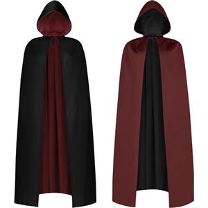 AOOWU Mantello Cappuccio Nero Bordeaux, Mantello con Cappuccio Mantello da Vampiro per Adulti, Lungo Mantello Costume di Halloween Carnevale Capo Masquerade(Reversibile-150cm)