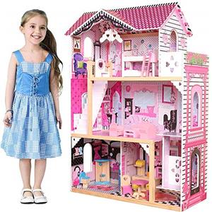 BAKAJI Casa delle Bambole Giocattolo per Bambini Realizzata Interamente in Legno 3 Piani 5 Stanze Curata in Ogni Dettaglio con Mobili e Accessori Gioco Dimensione (82 x 33 x 118 cm)