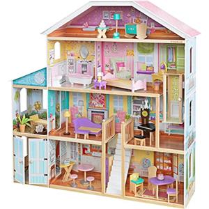 KidKraft Grand View Mansion Casa delle bambole in legno | Casa grande XXL, 4 piani, 34 accessori, mobili e ascensore inclusi | Giochi di ruolo | Dimensioni totali: 130,5 x 33 x 129,5 cm