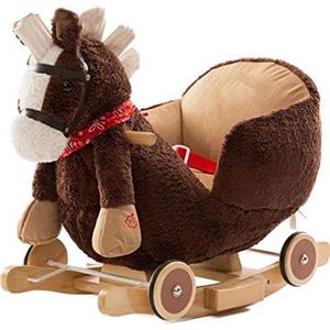 Bakaji Cavallo a dondolo in legno struttura basculante con ruote Cavallino Poni 2 in 1 con Poltroncina e divertente suoneria per i più piccoli (Marrone Scuro)