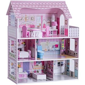 COSTWAY Casa delle Bambole in Legno per Bambina Giocattolo dei Bambini 3 Piani con Mobili e Accessori