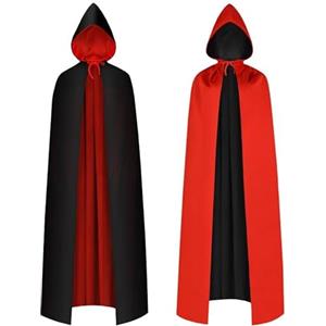 AOOWU Mantello Cappuccio Nero Rosso, Mantello con Cappuccio Mantello da Vampiro per Adulti, Lungo Mantello Costume di Halloween Carnevale Capo Masquerade(Reversibile-150cm)