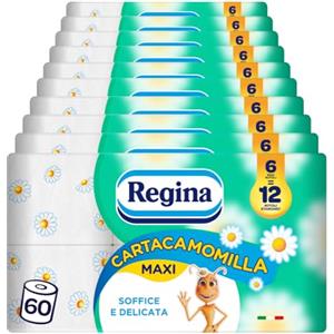 Regina Cartacamomilla - 60 Rotoli di Carta Igienica, 300 Soffici Fogli a 3 Veli, Delicata e Consistente, Profumo di Camomilla, Confezione in Carta Riciclabile, Carta 100% Certificata FSC
