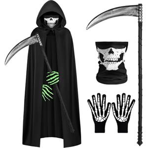 AOOWU Mantello Nero con Cappuccio, 4PCS Mantelli Lungo Unisex Halloween Mantello di Nero, Mantello Lungo per Adulti Costume di Halloween Carnevale Capo Masquerade(150cm)