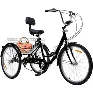 MccoMMon Bicicletta a tre ruote da 24 pollici per adulti, triciclo pieghevole a 7 velocità, altezza regolabile, con schienale e cestino della spesa, adatta per persone di mezza età e anziani