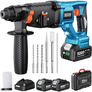 Seesii 3.2J Martello Perforatore a Batteria: 850W Potente, 2 Batterie 5000mAh, Tassellatore a Batteria con 3 Funzioni (Rotazione/Perforazione/Scalpello), Kit Completo con Valigetta SDS-Plus