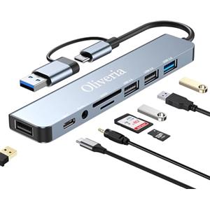 Oliveria Adattatore USB C Hub 3.0, 8 in 2 USB Hub 3.0 multiporta con lettore di schede SD&TF, porte USB 3.0 e USB 2.0, 3.5 mm, hub USB tipo C per MacBook Air/Pro, Galaxy, iPad, Windows ecc