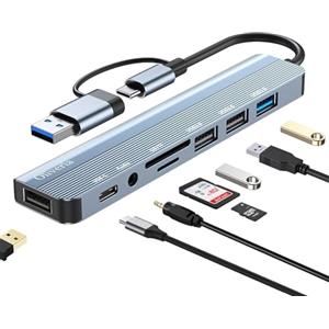 Oliveria Adattatore USB C Hub 8 in 1, adattatore multiporta per MacBook, hub USB C con lettore di schede SD&TF e porte 3.0 e 2.0, porte audio da 3,5 mm, compatibile con MacBook, Galaxy, iPad