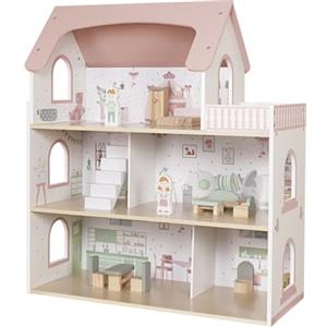 Generisch Grande casa delle bambole in legno rosa con 14 pezzi. Accessori | Villa a 3 piani con mobili e figure | Casa delle bambole per bambini dai 3 anni in MDF e legno di pino