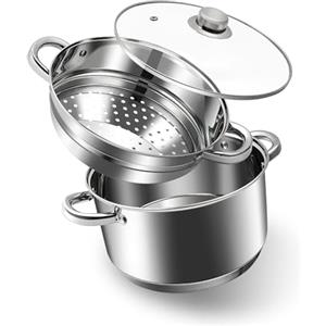 AuFranc Vapore in acciaio inox 18/10 con coperchio in vetro, pentola a vapore a induzione, 20 cm, 3 litri, impilabile, compatibile con tutti i piani cottura, non tossico per forno e lavastoviglie