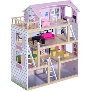 HOMCOM Casa delle Bambole per bambini 3+ Anni in Legno di Pino e MDF a 4 Piani con 13 Accessori, Rosa, 60x30x80 cm