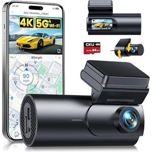 GKU 4K Dash Cam Auto, 5GHz WiFi e GPS, Doppia Telecamera per Auto, Mini Dashcam IPS 1.5" con Scheda SD 64G, 24H Monitor di Parcheggio, Visione Notturna, WDR, Grandangolo 170°, Sensore G, Controllo App