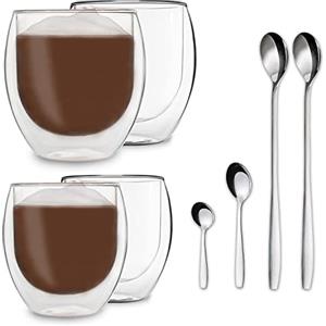 DUOS® Tazzine Caffe Vetro (2x310ml + 2x400ml) + 4x cucchiaio - Bicchiere termico, Bicchierini caffè vetro, Tazze vetro cappuccino, Tazza vetro, Tazzine caffè vetro bicchieri caffe vetro tazze da caffe