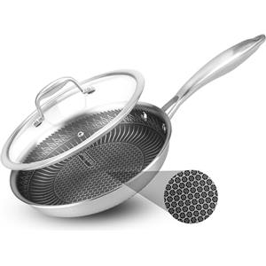 NutriChef Padella Antiaderente, Padella Acciaio Inox 20 cm con Coperchio, Triply Cucina, Rivestimento Antiaderente, Resistente ai Graffi, Motivo Esagonale