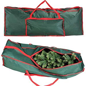 BAKAJI Custodia Sacco Porta Albero di Natale Extra Large Robusta, Tessuto Verde e Rosso, Molto Capiente con Tasca e Maniglie PVC,Chiusura Zip, per Alberi Fino a 270 cm Grande Dimensioni 125x30x50cm