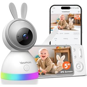 YESIMOM Baby Monitor, Versione Aggiornata 2K Telecamera Bambini con Monitor 5'' IPS Schermo, Controllo Tramite APP Mobile & Monitor, 360°PTZ, 3000mAh Batteria Ricaricabile, AI Intelligente