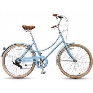 CYBIC bici da città 24/26'' per donna, stile retrò, 7 velocità, telaio leggero in alluminio con cestino in rattan, ideale per pendolari e uso urbano (Pollici, 26, blu, Pollici, 18)