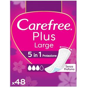 Carefree Salvaslip Plus Large Senza Profumo, Salva slip donna extra ampio con protezione 5in1 per 8h di sensazione di asciutto, Assorbenti senza profumo ultra sottili per uso quotidiano, 48 salvaslip