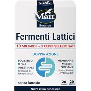 Matt, Fermenti Lattici 10 Miliardi, Fermenti Lattici Bambini e Adulti, con 10 Miliardi di Cellule Vive in 3 Ceppi Selezonati, Niacina, Biotina e Vitamina B2, Doppia Azione, Confezione da 20 Capsule