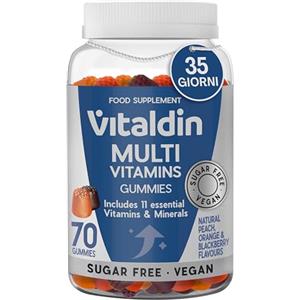 VITALDIN Gummies Multivitaminiche Adulti - Vegane - Senza zuccheri - Con vitamine A, C, D, E, B6, B12 e biotina - Per donna e uomo - 70 gummies - Gusto pesca, arancia e mora