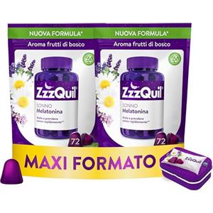 ZzzQuil Sonno Formula Vegana Integratore per Dormire con Melatonina ed Estratti Di Valeriana, Camomilla e Vitamina B6, Addormentarsi Velocemente, 72x2 Gommose, Gusto Frutti di Bosco, Travel Case