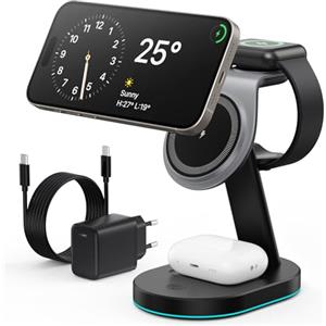 WOGPE 3 in 1 Caricatore Wireless Stazione, Certificato Qi2 15W Ricarica Rapida Magnetico Caricabatterie Wireless Phone Charger Holder per iPhone 16/15/14/13/12 Serie, Apple Watch, Air-pods ecc - Nero