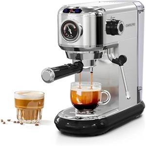 CAFELFFE Macchina per caffè espresso da 20 bar, in acciaio inox, con montalatte e manometro, per caffè macinato o cialde ESE, serbatoio acqua da 1,1 l, colore argento