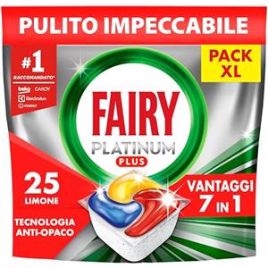 Fairy Pastiglie Per Lavastoviglie Fairy Platinum Plus Tutto In Uno Limone, 25 Capsule, La Migliore Pulizia Fairy Come Nuovo, Rimuove L'opacità E Previene Il Calcare