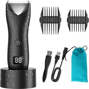 Favrison Rasoio Elettrico Corpo Uomo, Rasoio Parti Intime Uomo con Lama in Ceramica, IPX7 Impermeabile Depilatore Intimo Corpo Donna Body Groomer Tagliacapelli con Display LCD e Dock di Ricarica