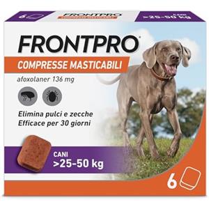 FRONTPRO 6 Compresse Masticabili Antiparassitario per Cani di Peso > 25-50 kg Protegge da Pulci Zecca Uova e Larve Antipulci in Confezione da 6 Compresse da 136 mg di Afoxolaner