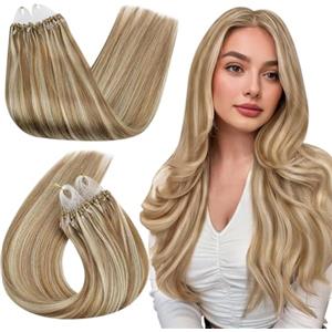 Ugeat Extension Capelli Veri Microring Biondo Meches Castano, 55 cm 50 ciocche 50grammi, Extension Microring Capelli Veri Castano Chiaro, Remy Umani Lisci Lunghi Naturale
