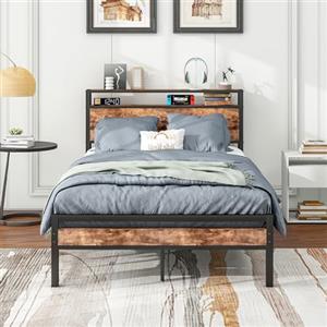 BORPHOM Letto in metallo 120 x 200 cm,con rete a doghe,telaio in legno con vano testiera, per adulti,bambini,ragazzi,letto matrimoniale 120 x 200 cm,marrone vintage e nero