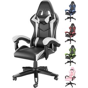 Racingreat Sedia Gaming,Sedia da Gioco Sedia da Ufficio, Poggiatesta e Cuscino Lombare, Ergonomica In Pelle PU Sedia Da Computer Per Gamer Ufficio Casa Adulto Adolescente-Bianco, Taglia unica