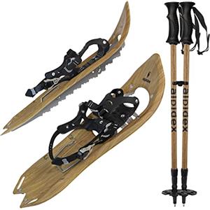 ALPIDEX Racchette Neve Effetto Legno Ciaspole Alzatacco 38-46 Ciaspole Bastoni Opzionali, Colore:Brown Timber con bastoncini