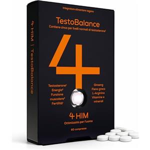 4 HIM TestoBalance Integratore Testosterone Uomo - ZMA, Ginseng & Fieno Greco - Zinco per Livelli di Testosterone - Magnesio, B6, L-Arginina & Selenio - 60 Compresse Vegane - Certificato GMP