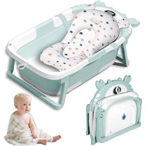 Vautvis Vaschetta Bagnetto Neonato Pieghevole, Vaschetta Bagnetto Neonato con Termometro E Cuscino Staccabile, Riduttore Vaschette Bagnetto 0-36 Mesi (Verde)