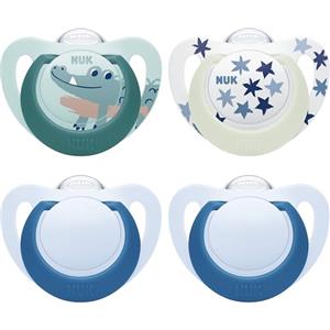 NUK Star Day & Night ciuccio | 6-18 mesi | Calma il 99% dei bambini | Succhietti in silicone senza BPA | Glow-In-The-Dark per trovarli la notte | Coccodrillo | 4 pezzi